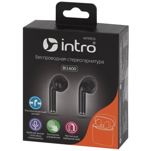 Б0044835 Гарнитура-Bluetooth BI1600 сенсорная ultra slim с зар. кейсом черн. Intro 