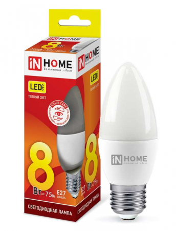 4690612020440 Лампа светодиодная LED-СВЕЧА-VC 8Вт свеча 3000К тепл. бел. E27 760лм 230В IN HOME 