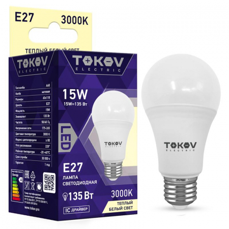 TKE-A60-E27-15-3K Лампа светодиодная 15Вт А60 3000К Е27 176-264В TOKOV ELECTRIC 