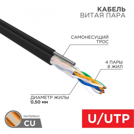 01-0046 Кабель витая пара U/UTP кат.5E 4х2х24AWG solid CU PE Outdoor трос черн. (м) Rexant 
