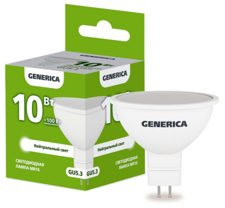 LL-MR16-10-230-40-GU5-G Лампа светодиодная MR16 10Вт софит 4000К GU5.3 230В GENERICA 