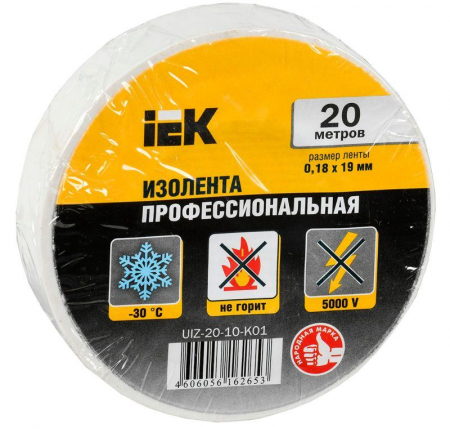 UIZ-20-10-K01 Изолента ПВХ 0.18х19мм бел. (рул.20м) IEK 