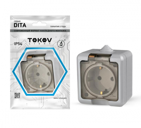 TKL-DT-R1Z-C06T-IP54 Розетка 1-м ОП Dita 16А IP54 250В с заземл. с прозр. крышкой сер. TOKOV ELECTRIC 