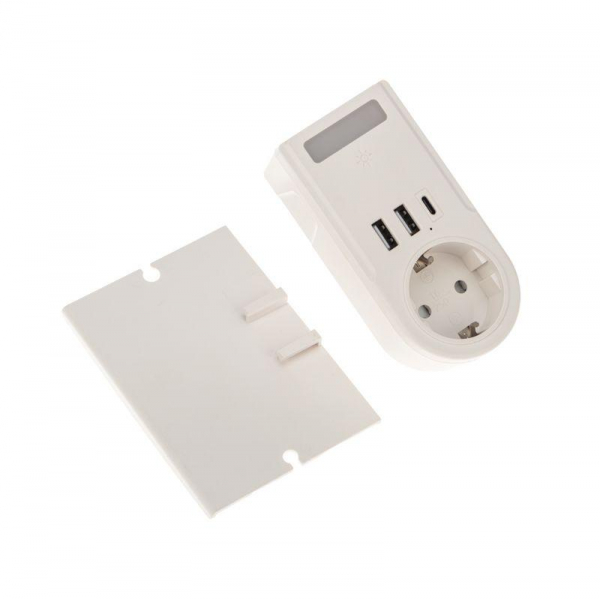 11-1270 Адаптер USB (2хUSB-A + USB-С) + розетка 220-250В с подсветкой и подставкой для телефона Rexant 
