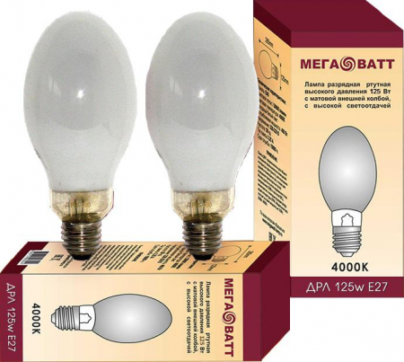 03007 Лампа газоразрядная ртутная ДРЛ 125 E27 4000К (25) МЕГАВАТТ 