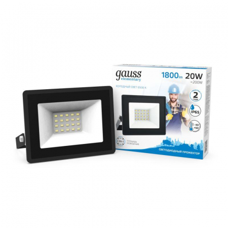 613100320 Прожектор светодиодный Elementary 20Вт 6500К IP65 1800лм 200-240В ДО черн. GAUSS 