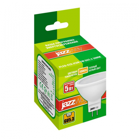 1037077A Лампа светодиодная PLED-ECO 5Вт JCDR MR16 рефлектор матовая 3000К тепл. бел. GU5.3 400лм 230В 50Гц JazzWay 