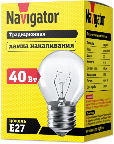 Лампа накаливания 94 310 NI-C-40-230-E27-CL (КНР) Navigator 94310