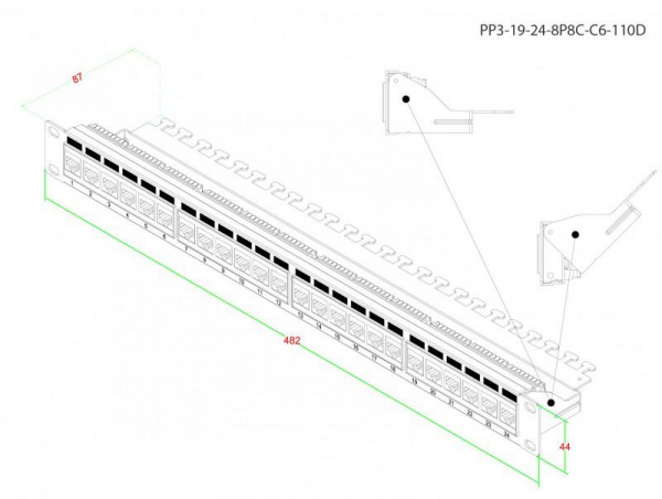246107 Патч-панель 19дюйм 1U RJ45 кат.6 24 порта Dual IDC ROHS PP3-19-24-8P8C-C6-110D черн. Hyperline 