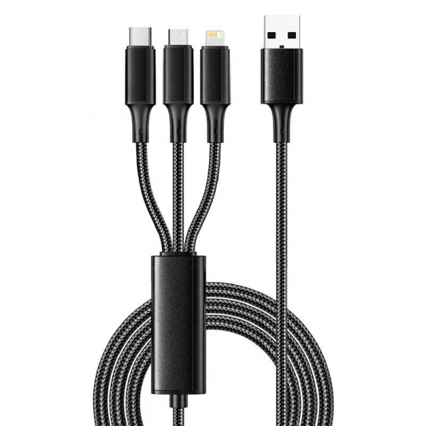 18-7075 Кабель USB 3в1 Type-С (6А) Lightning (2.4А) micro USB (3А) 1.2м черн. оплетка световая индикация Rexant 
