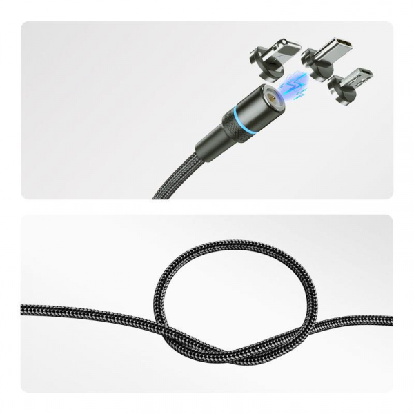 18-7076 Кабель USB 3в1 со съемными магнитными портами Type-С (2А) Lightning (2.4А) Micro USB (2А) 1.2м черн. оплетка LED подсветка Rexant 