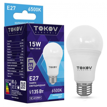 TKE-A60-E27-15-6.5K Лампа светодиодная 15Вт А60 6500К Е27 176-264В TOKOV ELECTRIC 