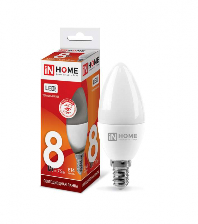 4690612024806 Лампа светодиодная LED-СВЕЧА-VC 8Вт свеча 6500К холод. бел. E14 760лм 230В IN HOME 