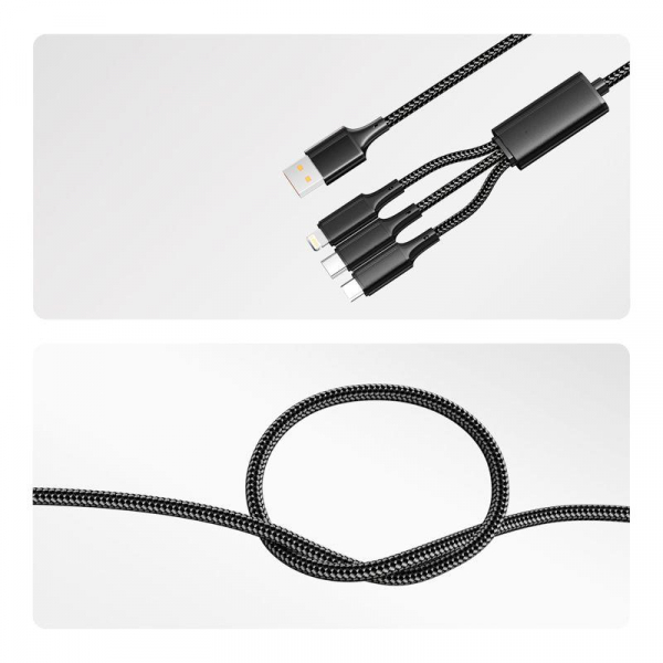 18-7075 Кабель USB 3в1 Type-С (6А) Lightning (2.4А) micro USB (3А) 1.2м черн. оплетка световая индикация Rexant 