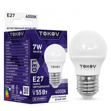 TKE-G45-E27-7-4K Лампа светодиодная 7Вт G45 4000К Е27 176-264В TOKOV ELECTRIC 