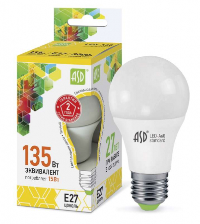4690612002088 Лампа светодиодная LED-A60-standard 15Вт грушевидная 3000К тепл. бел. E27 1350лм 160-260В ASD 