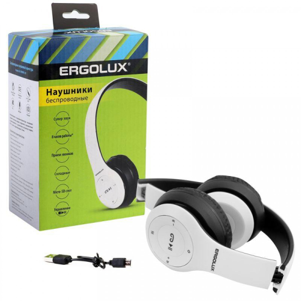 15356 Наушники накладные с микрофоном беспроводные ELX-BTHP01-C01 FM MP3 коробка бел. ERGOLUX 