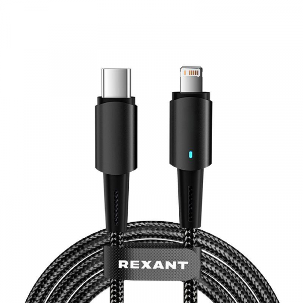 18-7069 Кабель Type-C-Lightning для Apple 3А 1м черн. нейлон. оплетка световая индикация Rexant 