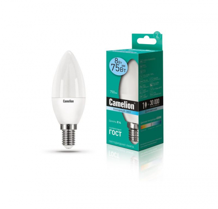 12386 Лампа светодиодная LED8-C35/845/E14 8Вт свеча 4500К бел. E14 750лм 170-265В Camelion 
