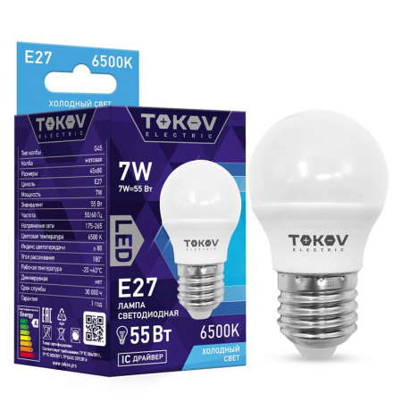 TKE-G45-E27-7-6.5K Лампа светодиодная 7Вт G45 6500К Е27 176-264В TOKOV ELECTRIC 