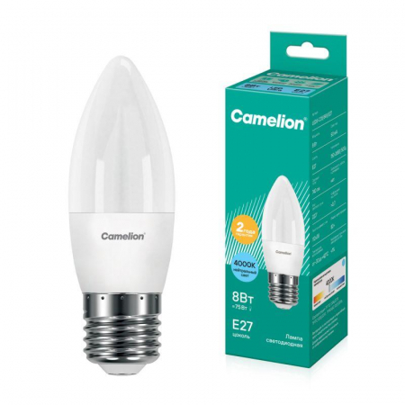 12390 Лампа светодиодная LED8-C35/845/E27 8Вт свеча 4500К бел. E27 750лм 170-265В Camelion 