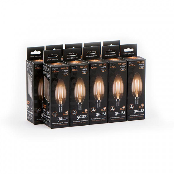 Лампа светодиодная филаментная Black Filament 5Вт свеча 2700К тепл. бел. E14 420лм GAUSS 103801105