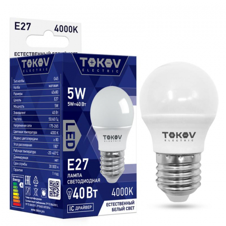 TKE-G45-E27-5-4K Лампа светодиодная 5Вт G45 4000К Е27 176-264В TOKOV ELECTRIC 