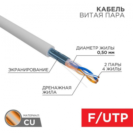 01-0122 Кабель витая пара F/UTP кат.5e 2х2х24AWG solid PVC INDOOR сер. (м) Rexant 
