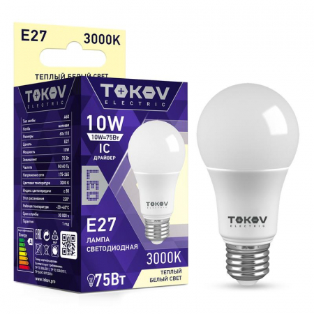 TKE-A60-E27-10-3K Лампа светодиодная 10Вт А60 3000К Е27 176-264В TOKOV ELECTRIC 