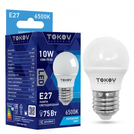 TKE-G45-E27-10-6.5K Лампа светодиодная 10Вт G45 6500К Е27 176-264В TOKOV ELECTRIC 