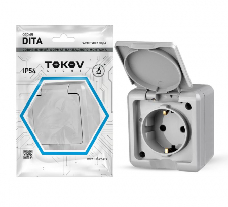 TKL-DT-R1Z-C06-IP54 Розетка 1-м ОП Dita 16А IP54 250В с заземл. с крышкой сер. TOKOV ELECTRIC 