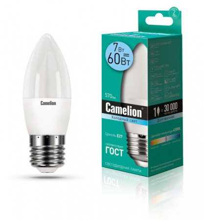 12078 Лампа светодиодная LED7-C35/845/E27 7Вт свеча 4500К бел. E27 560лм 220В Camelion 