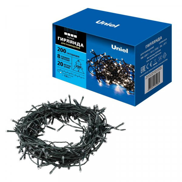 UL-00007309 Гирлянда LED ULD-S2000-200/DGA WHITE IP20 20м 200 диодов бел. свет провод зел. Uniel 