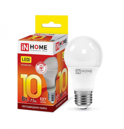 4690612020204 Лампа светодиодная LED-A60-VC 10Вт грушевидная 3000К тепл. бел. E27 950лм 230В IN HOME 