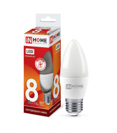 4690612024820 Лампа светодиодная LED-СВЕЧА-VC 8Вт свеча 6500К холод. бел. E27 760лм 230В IN HOME 
