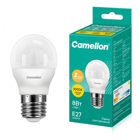 12392 Лампа светодиодная LED8-G45/830/E27 8Вт шар 3000К тепл. бел. E27 720лм 170-265В Camelion 