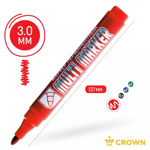 Б0048241 Маркер перманентный "Multi Marker" 3мм пулевидный крас. Crown 