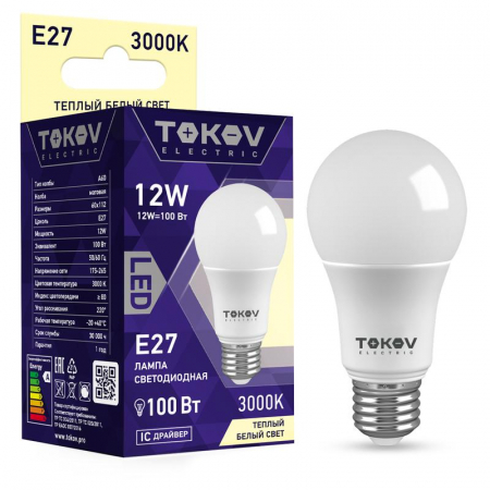 TKE-A60-E27-12-3K Лампа светодиодная 12Вт А60 3000К Е27 176-264В TOKOV ELECTRIC 