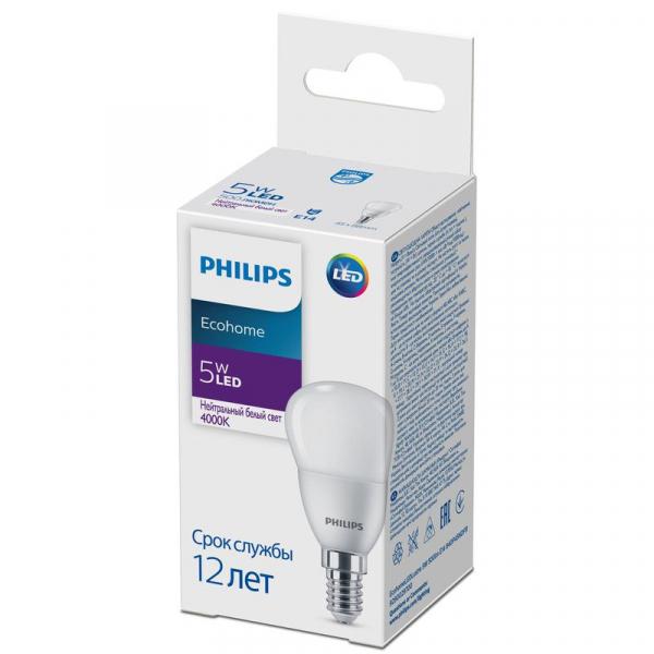 929002970037 Лампа светодиодная Ecohome LED Lustre 5Вт 500лм E14 840 P46 Philips 