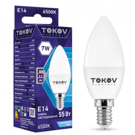 TKE-C37-E14-7-6.5K Лампа светодиодная 7Вт С37 6500К Е14 176-264В TOKOV ELECTRIC 