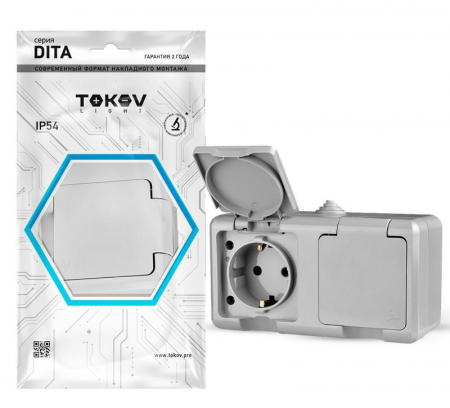 TKL-DT-R2Z-C06-IP54 Розетка 2-м ОП Dita 16А IP54 250В с заземл. с крышкой сер. TOKOV ELECTRIC 