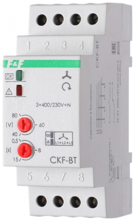 EA04.002.004 Реле контроля наличия и чередования фаз CKF-BT (монтаж на DIN-рейке 35мм; микропроцессорный; регулировка порога отключения и времени отключения; контроль верхнего и нижнего значений напряжения; 3х400/230+N 2х8А 1Z 1R IP20) F&F 