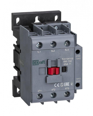 22008DEK Контактор КМ-102 3п 65А кат. 230В AC 1НО+1НЗ AC-3 AC-4 DEKraft 