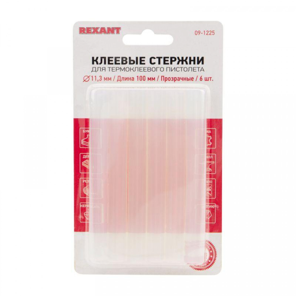 09-1225 Стержень клеевой d11мм L100мм прозр. (блист.6шт) Rexant 