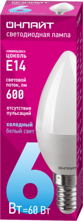 61127 Лампа светодиодная 61 127 OLL-C37-6-230-6.5K-E14-FR 6Вт ОНЛАЙТ 