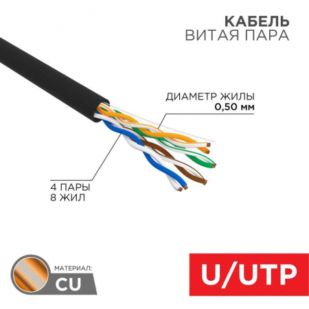 01-0045 Кабель витая пара U/UTP кат.5E 4х2х24AWG solid CU PE Outdoor черн. (м) Rexant 