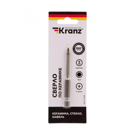 KR-91-0648 Сверло по стеклу и керамике 5мм 4 грани шестигранный хвостовик Kranz 