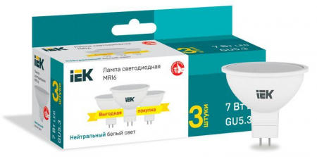 LLE-MR16-07-230-40-GU5-3 Лампа светодиодная 7Вт MR16 софит 4000К нейтр. бел. GU5.3 230В (уп.3шт) IEK 