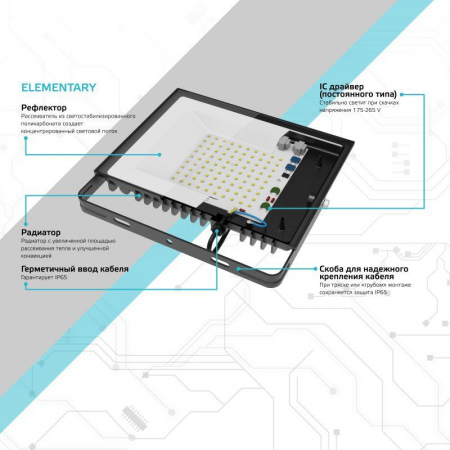613100320 Прожектор светодиодный Elementary 20Вт 6500К IP65 1800лм 200-240В ДО черн. GAUSS 