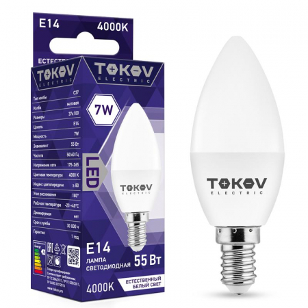 TKE-C37-E14-7-4K Лампа светодиодная 7Вт С37 4000К Е14 176-264В TOKOV ELECTRIC 